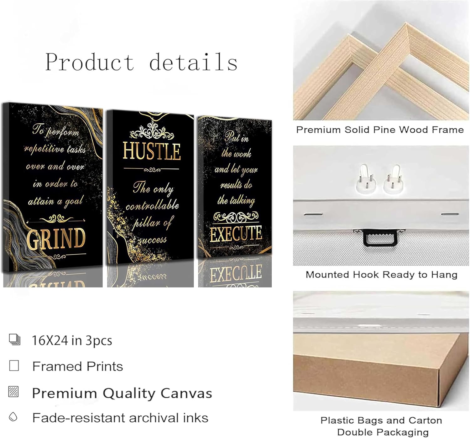 3 Pcs Black Gold Inspirational Office Canvas Wall Art Motivational Grind Hustle Execute Inspiring Quotes Pictures Wall Decor Poster Print Artwork for Man Cave Man Room Home Office Decoration