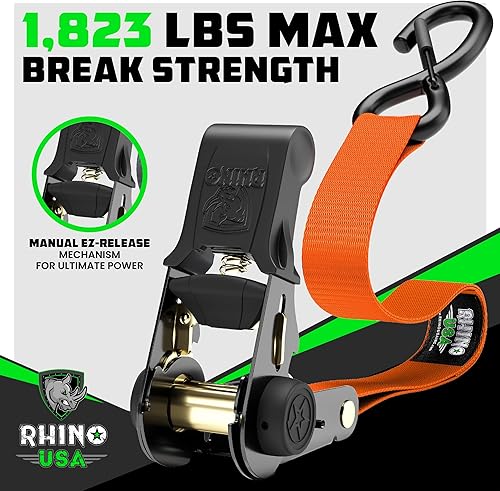 Miniatura 9 de Rhino USA - Correas de amarre con trinquete con máxima resistencia antiroturas de 1.823 lbs, incluye 4 unidades de 1 in x 15 ft con agarraderas