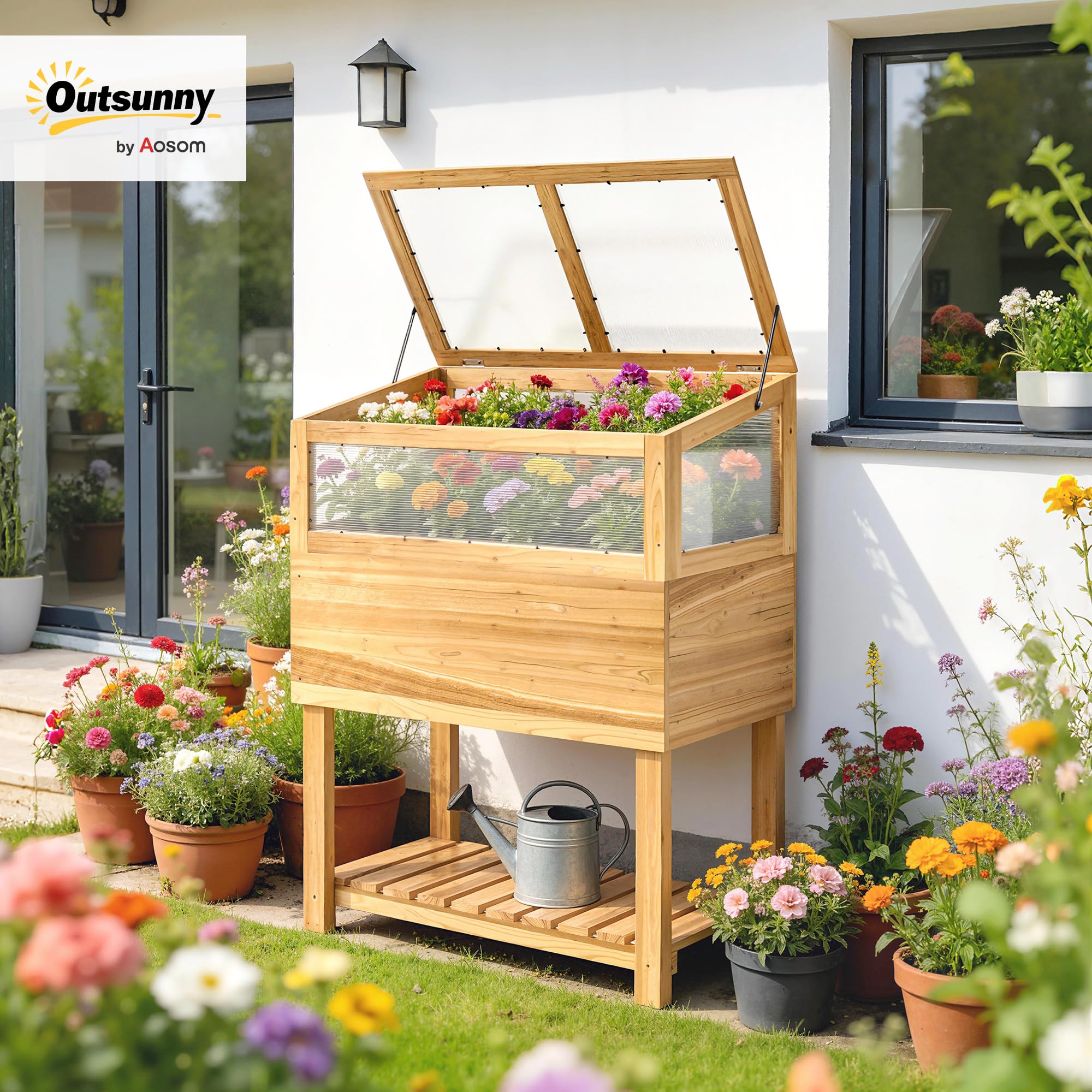 Outsunny Hochbeet mit Frühbeetaufsatz Holz Regal 80x45x108,5cm Naturholz