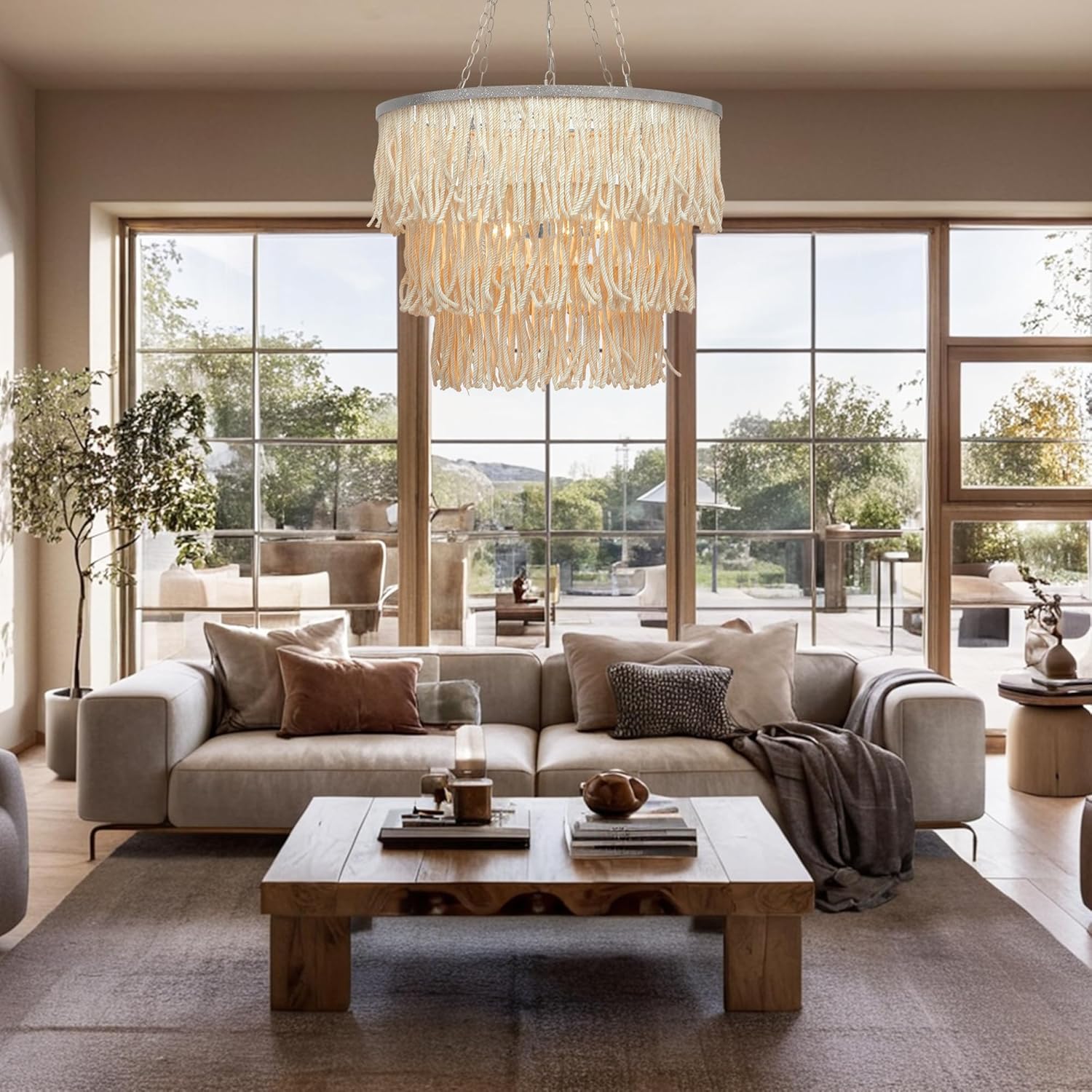 30 Inch 3-Tier Boho Hand-Weaved Fringe Chandelier, Bleached Jute Fringe Hanging Light with Silver Metal Frame, Elegant Light Fixture for Dining Room, Bedroom, Living Room