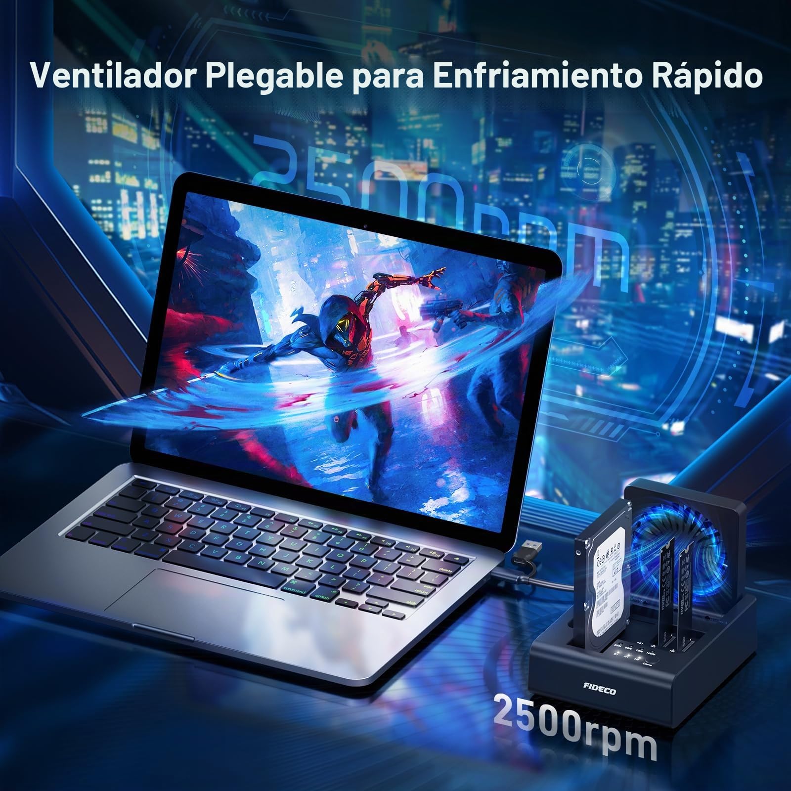 FIDECO Estación de Clonación para HDD y SSD NVMe M.2, USB 3.2 Gen 2 (10Gbps), Estación Clonadora de 3 Bahías para SSD NVMe M.2 y Discos Duros SATA 2,5"/3,5", con Ventilador Abatible