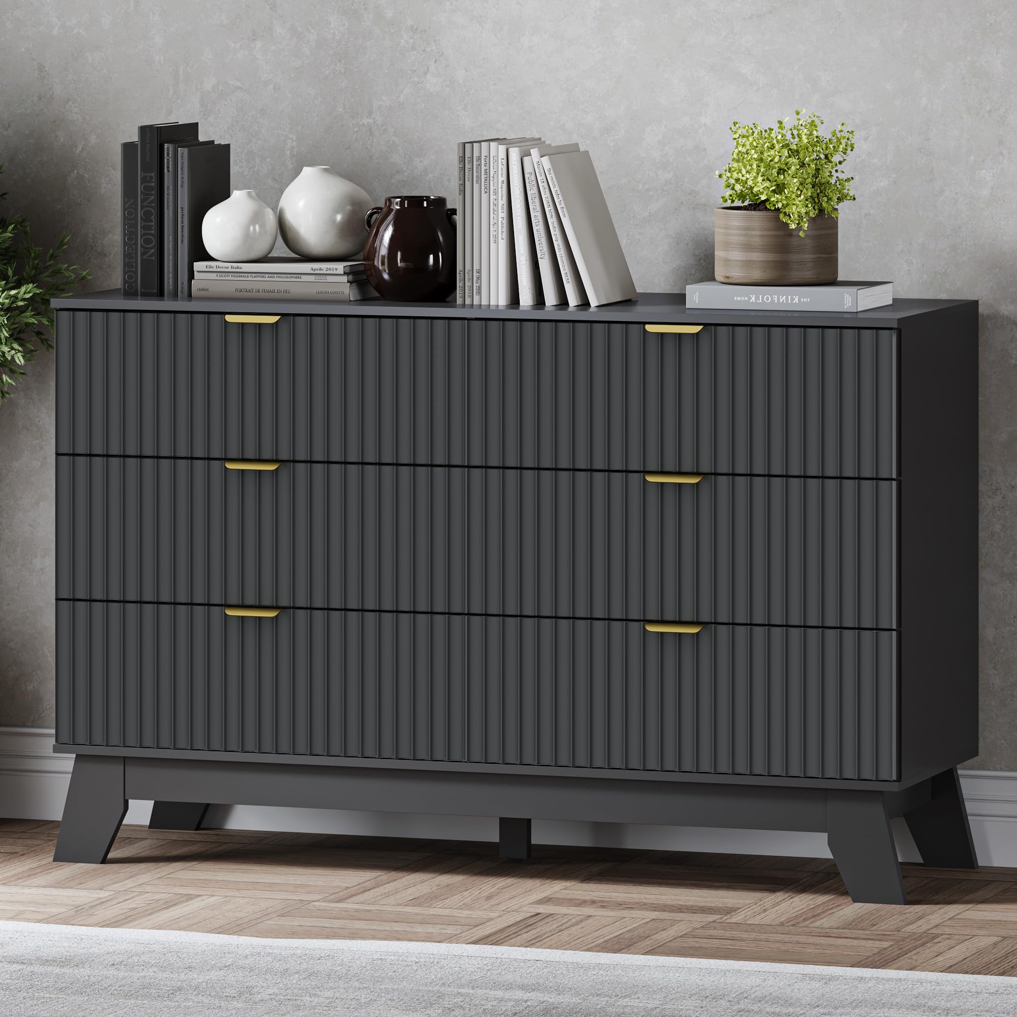 BORNOON Fluted 6 Drawer Dresser, 47.2" Wide Modern Boho Chest of Drawers, Wooden Storage Dresser TV Stand for Bedroom, Living Room, Closet, Hallway,