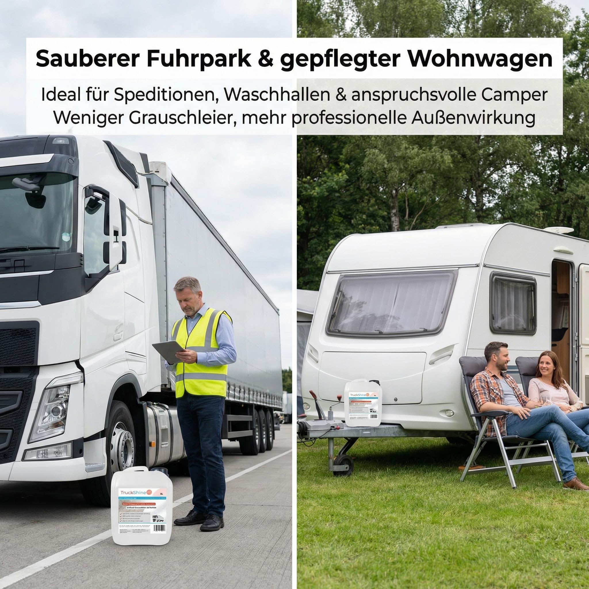 TruckShine365 LKW Reiniger & Planenreiniger Konzentrat, 5L Kanister | Alkalischer LKW Außenreiniger, Gegen Grauschleier, Öl, Fett & Insekten, Verdünnbar bis 1:10, Profi-Qualität