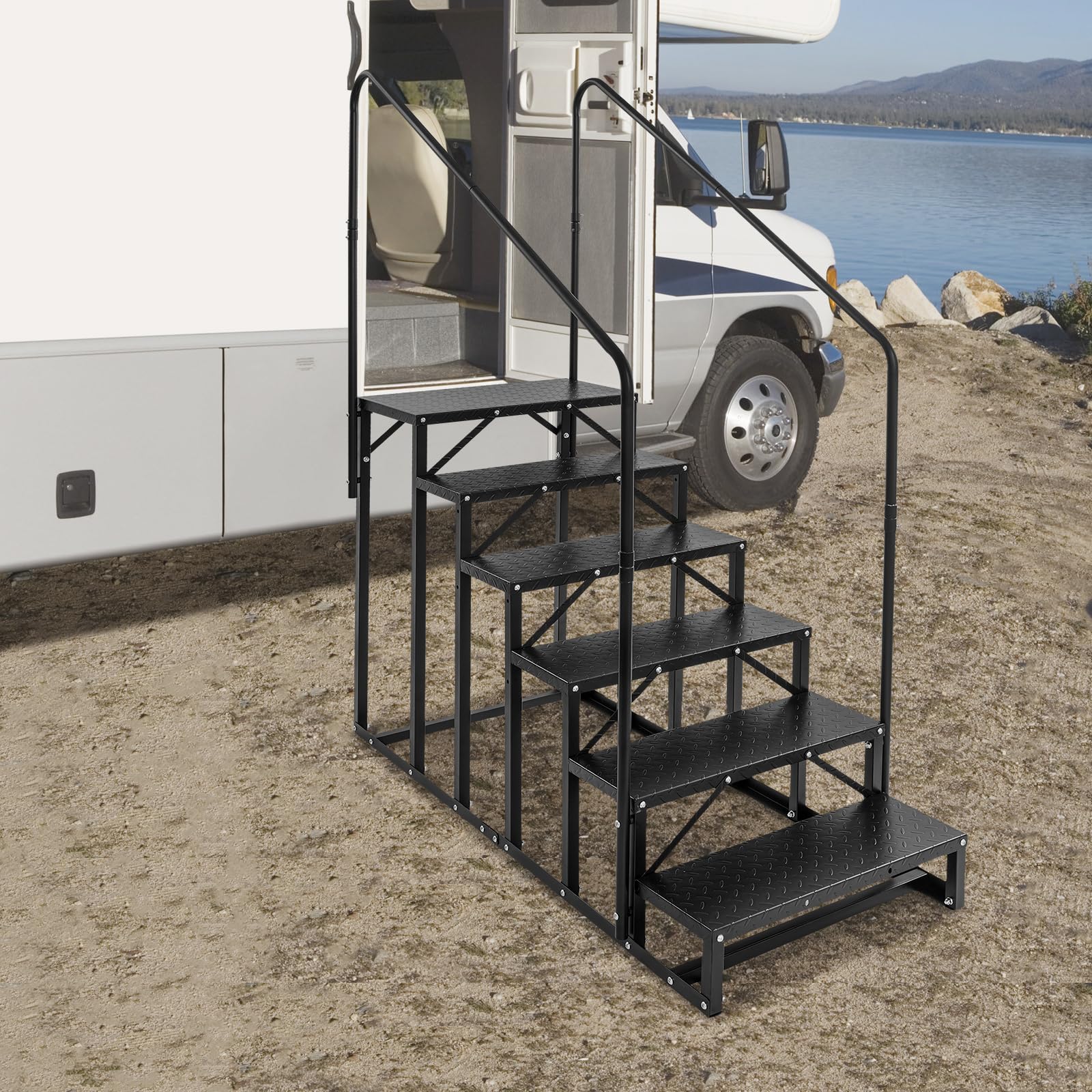 Escalera de 6 peldaños para autocaravana, acero al carbono, escalones para autocaravanas con pasamanos, escalera de piscina, escalera antideslizante para mascotas para caravanas, remolques, camping