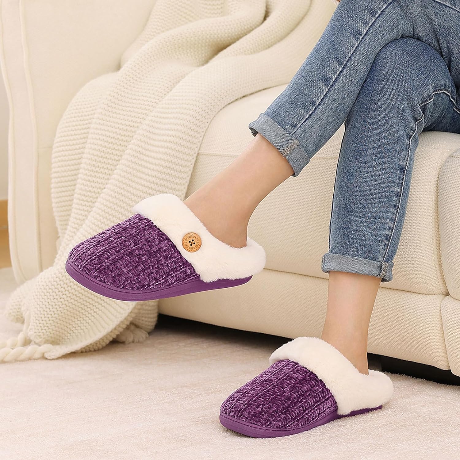 Evshine Warm Knit House Slippers for Women Comfy Wool-Like Lined Chenille Slippers with Memory Foam and Indoor Outdoor Soles - Image 2