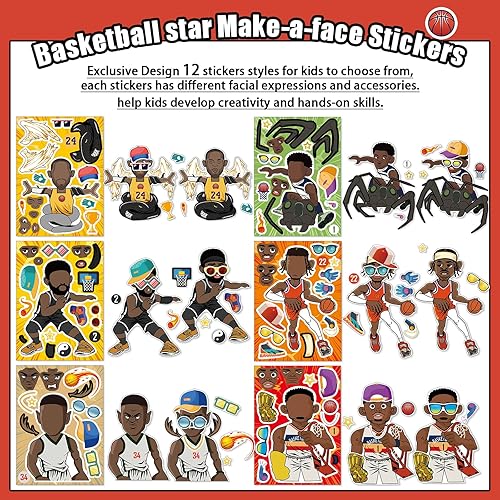 Miniatura 4 de Calcomanías de estrella de baloncesto para niños, 24 hojas de calcomanías para manualidades con diseño de rostro, para fiestas de cumpleaños,