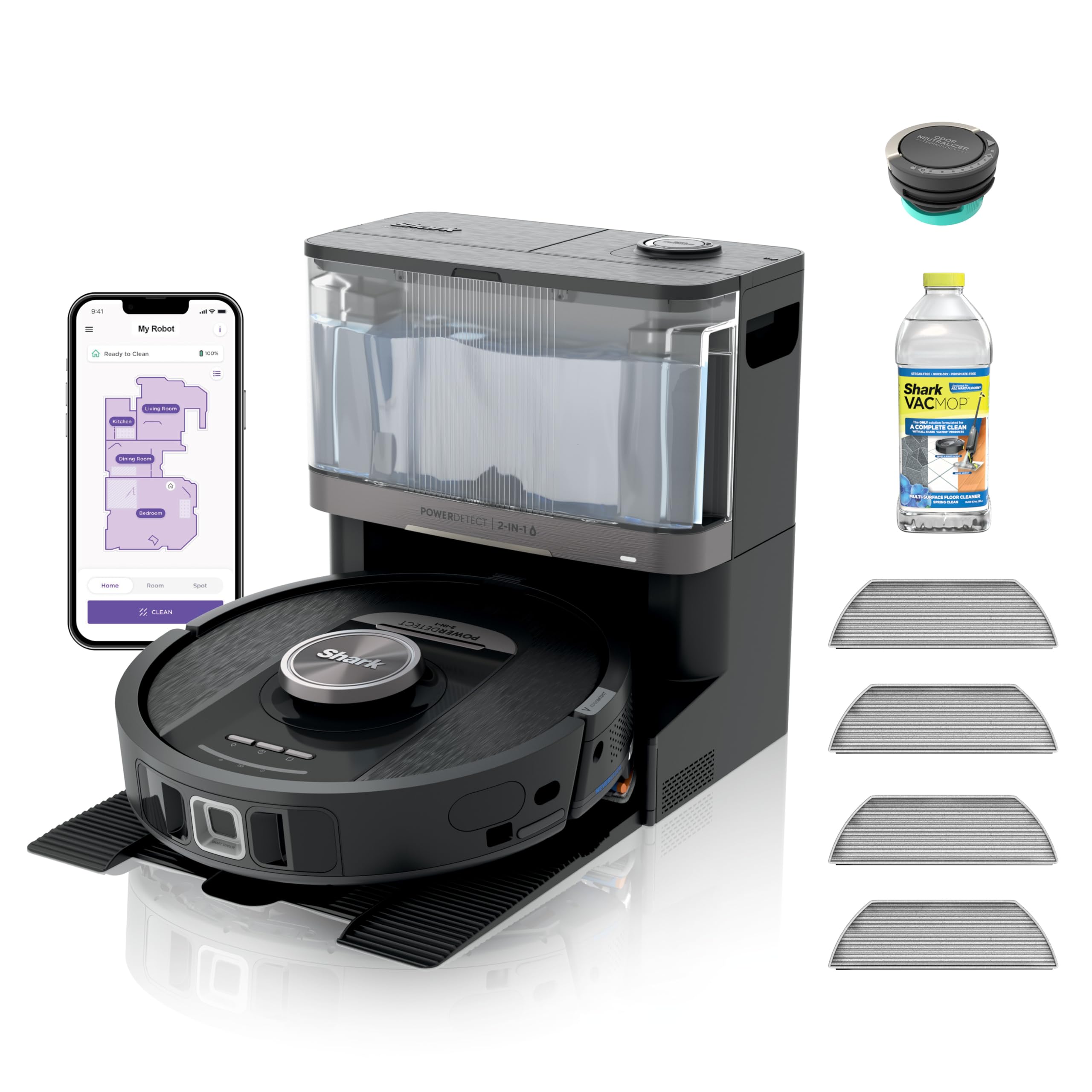 Shark Robot Vacuum & Mop Combo, PowerDetect NeverTouch Pro,Self-Emptying,Self-Refill with Self-Clean Pad Wash & Dry, 60-Day Debris Capacity,30-Day Refill Tank, 5PowerDetect Technologies,White,AV2800ZE