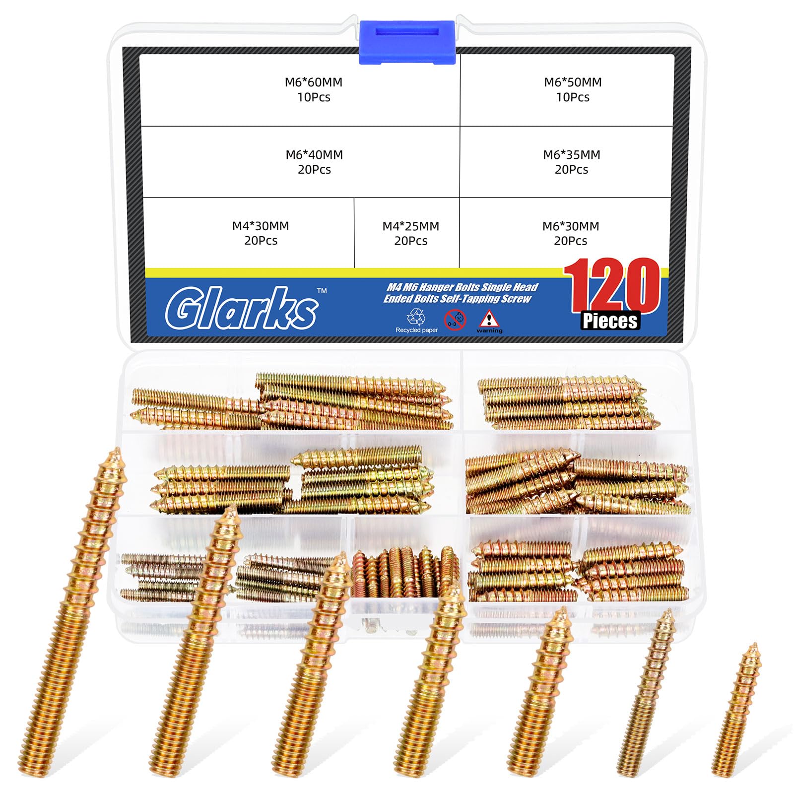 Glarks 120pcs M4 M6 Hanger Bolts Set 25mm 30mm 35mm 40mm 50mm 60mm Length Single Tip Double Headed Bolt Self-Tapping Screw Woodworking Dowel Screws for Connecting Wood