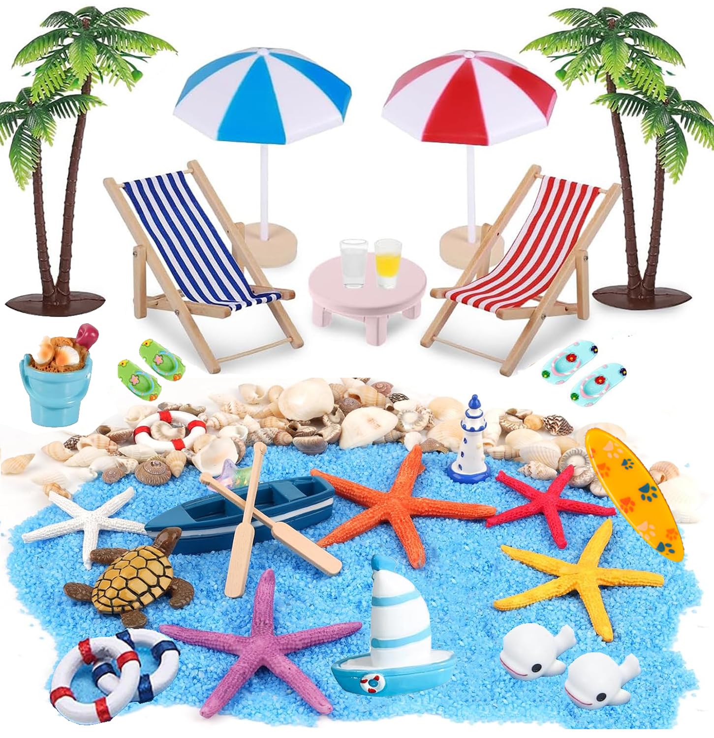 EIKEJI 31 Pcs Beach Miniature Dollhouse Decoration, Umbrella Palm Chair Miniature Toys Garden Dollhouse Outdoor Accessories Beach Decorations Mini