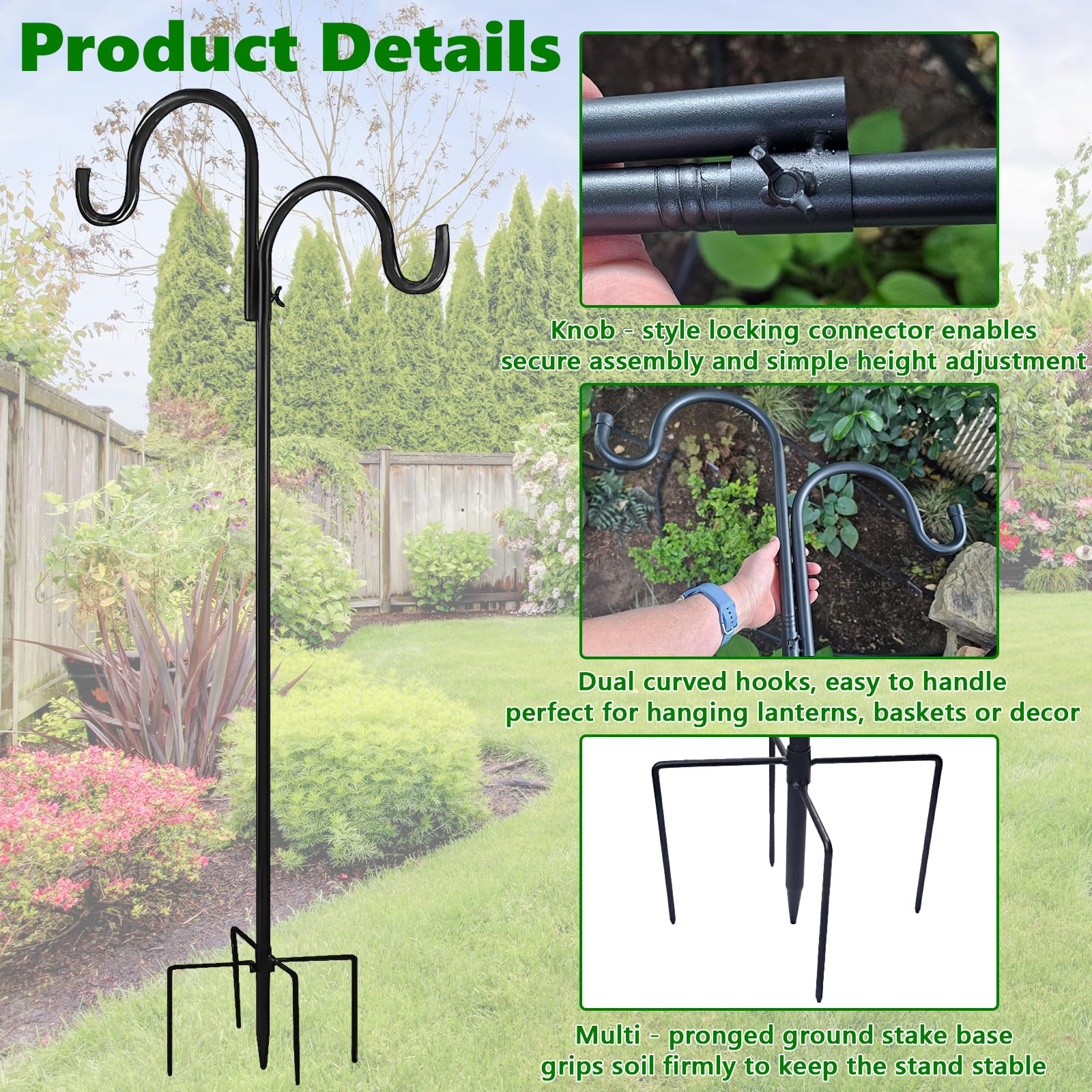 Schäferhaken für Vogelhäuschen 193cm, Dicke Metall Gartenstab mit Haken, Outdoor Abnehmbarer Hirtenstab für mit 5-Zinken-Basis, für Laternen, Pflanzen, Aufhänger, Vögel, Gartenhängepfahl Futterspender