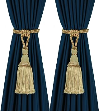 BEL AVENIR 2 Pack Curtain Tiebacks Tassel Drapery Tie-Backs Rope Handmade Holdbacks Home Office Hotel Decorative Gold