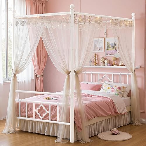 Canopy Bed Frame with Storage Headboard, Twin Size Bed Frame with 4 Removable Posts, Sturdy Metal Platform with Under-Bed Storage, Dual Purpose Bed Frame, No Box Spring Needed, White