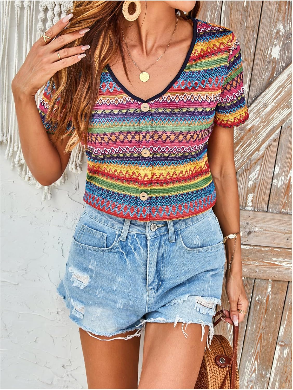 SweatyRocks Women's Striped Shirt Geometric Print Short Sleeve V Neck Boho Summer Tops - Image 5