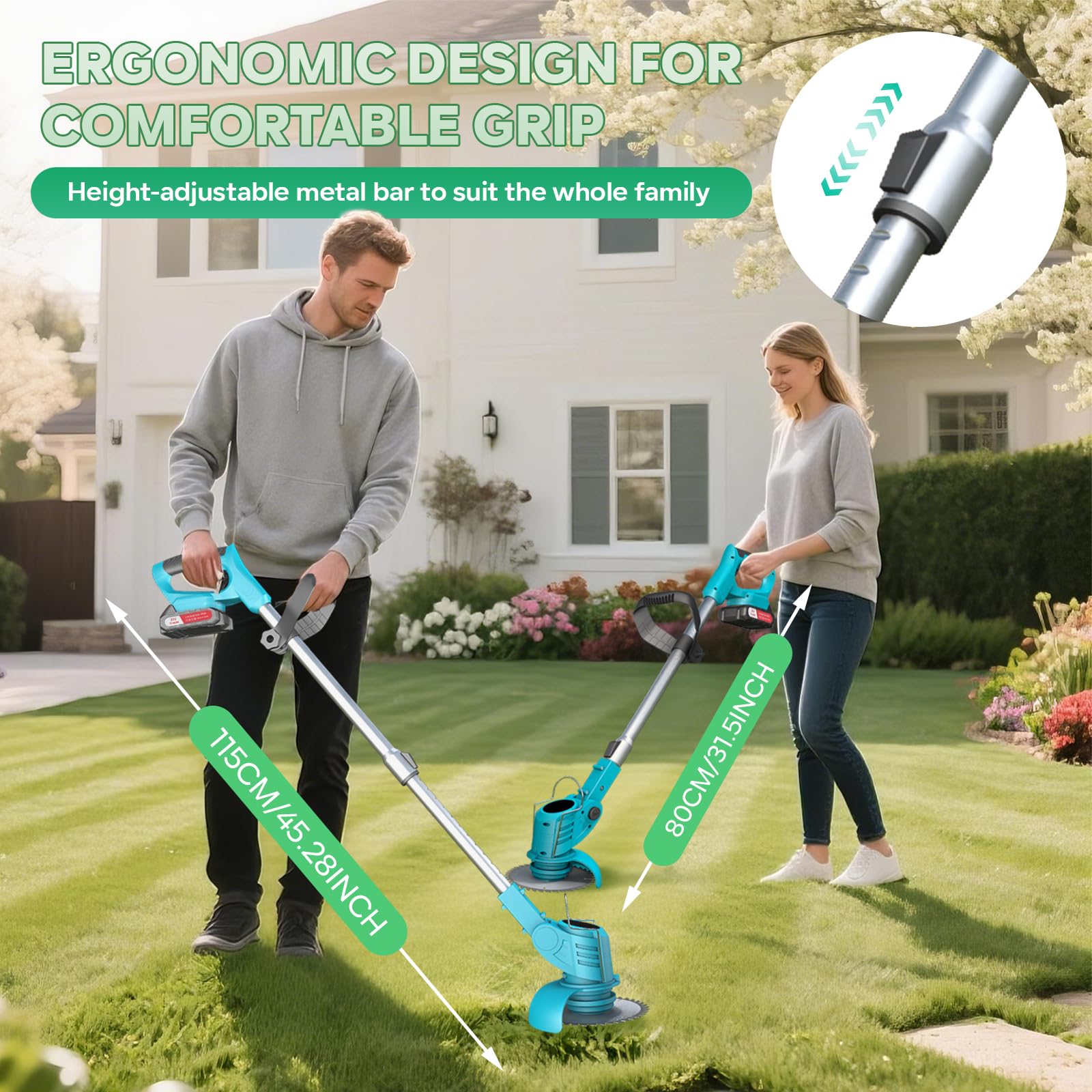 Rasentrimmer mit Akku – Elektrischer Rasentrimmer, 2x1500mAh, 9000 U/min, Teleskopgriff 71–106cm, 4 Klingentypen– Freischneider Akku für Garten, Motorsense, Kantenschneider Rasen