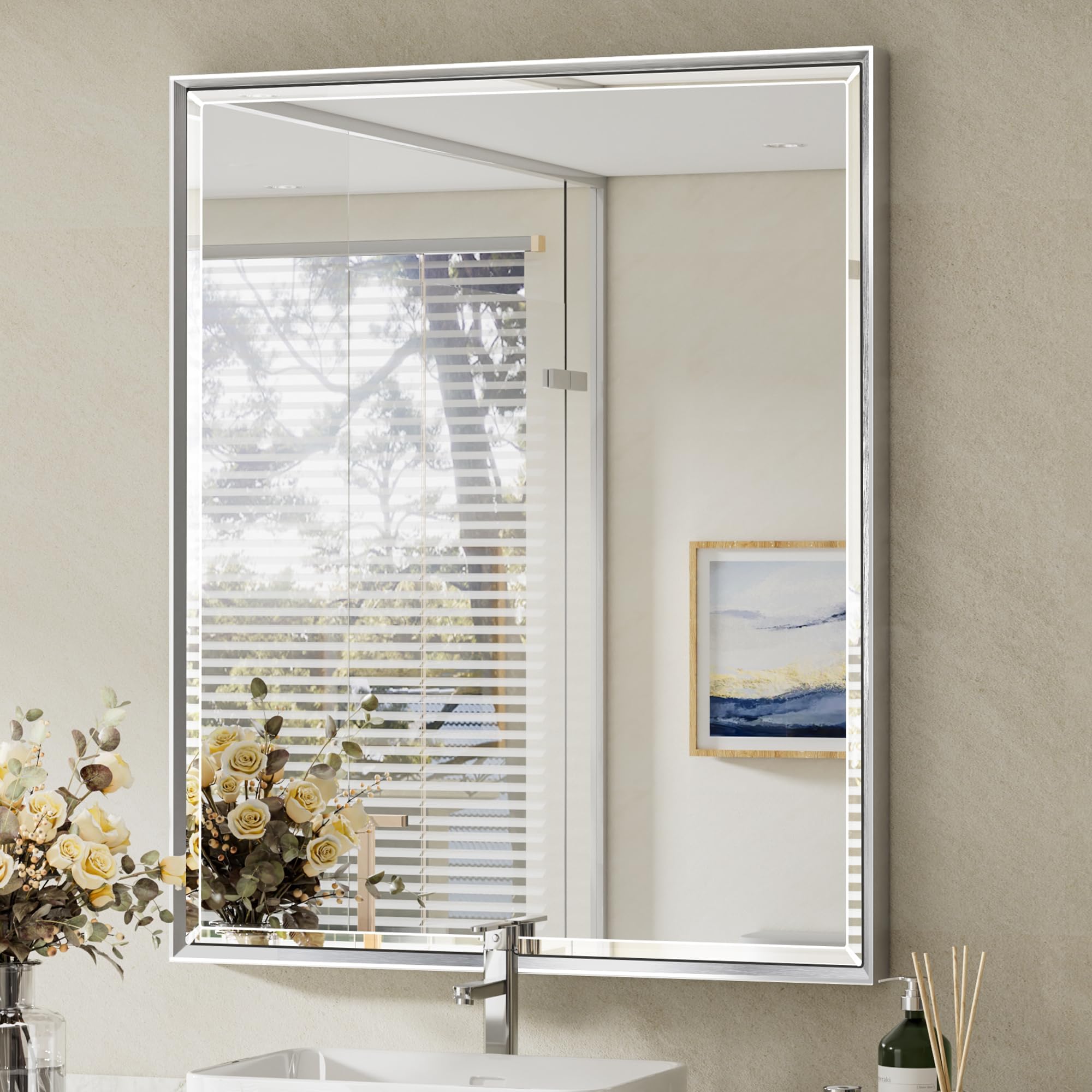 Silver Bathroom Mirror, 30x36 Inch Beveled Silver Vanity Mirror for Bathroom Wall, Silver Metal Framed Mirror Anti-Rust, Silver Rectangle Wall Mounted Mirror for Bathroom(Vertical/Horizontal)