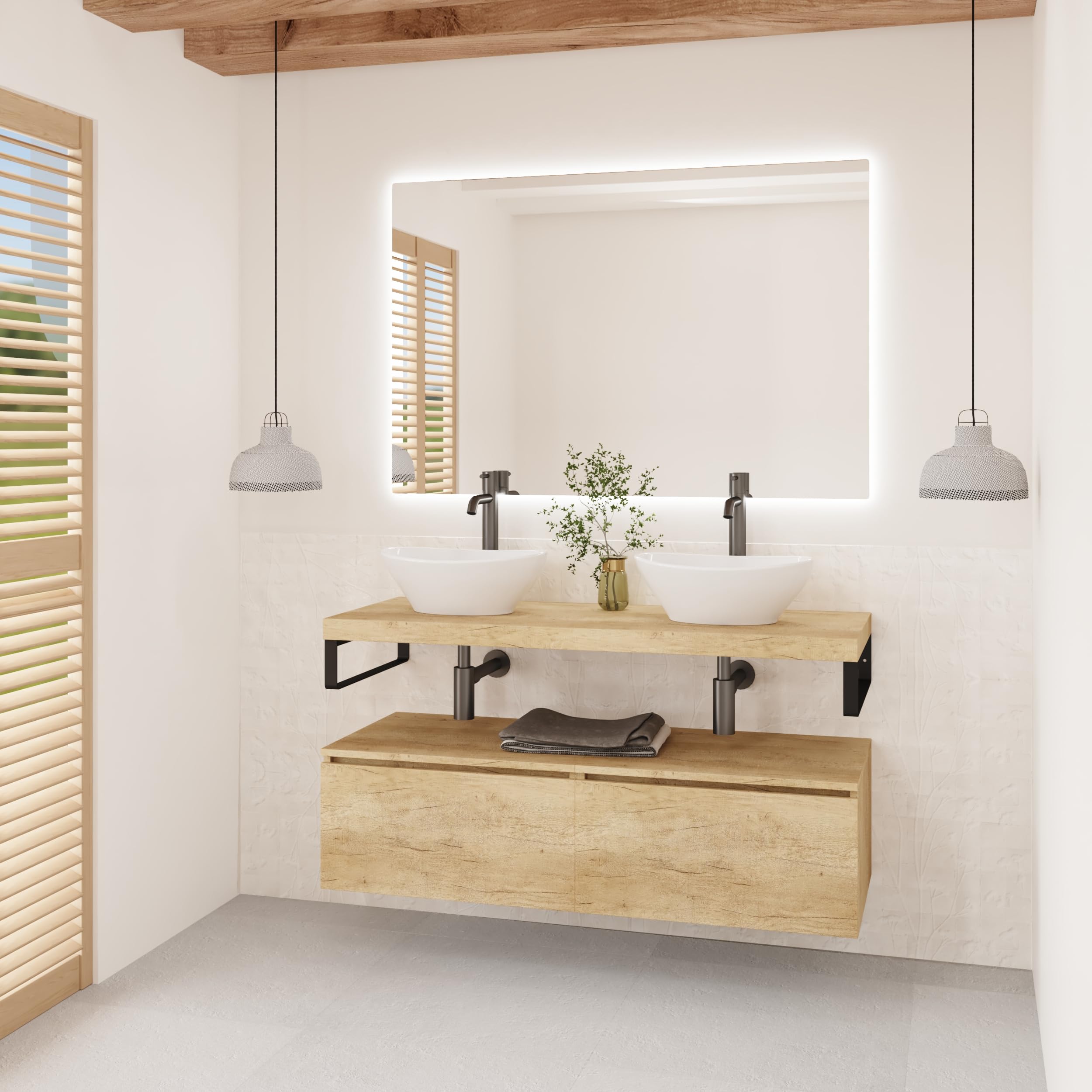 BAIKAL Mueble de Baño OVE. Mueble MONTADO. Armario con Lavabo. Encimera de Madera con Escuadras. Armario de Baño Suspendido. Incluye Lavabo Cerámico. 2 Cajones 120cm Nature