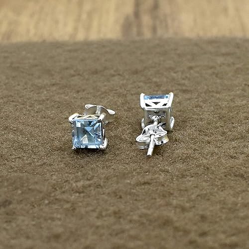 Miniatura 5 de SILVESTO INDIA Sterling Silver Natural Blue Topaz Stud Earrings Cushion Prong Set Genuine Topaz Gemstone Stud Minimalist Style November Birthstone