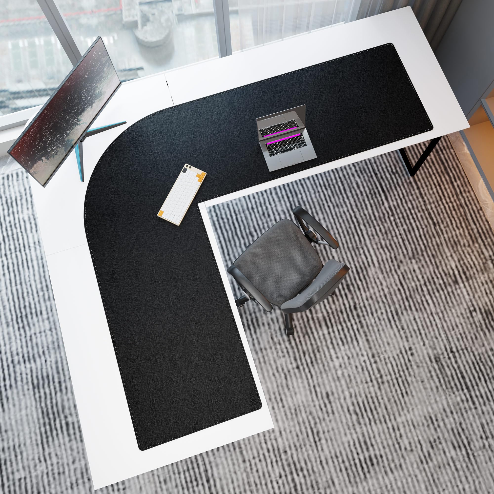 Cacoy Tapis de souris de jeu en forme de L en cuir synthétique noir, taille XXL, 190 cm (L) x 150 cm (L) x 60 cm (l) – Sous-main imperméable en cuir de qualité supérieure pour bureau et maison