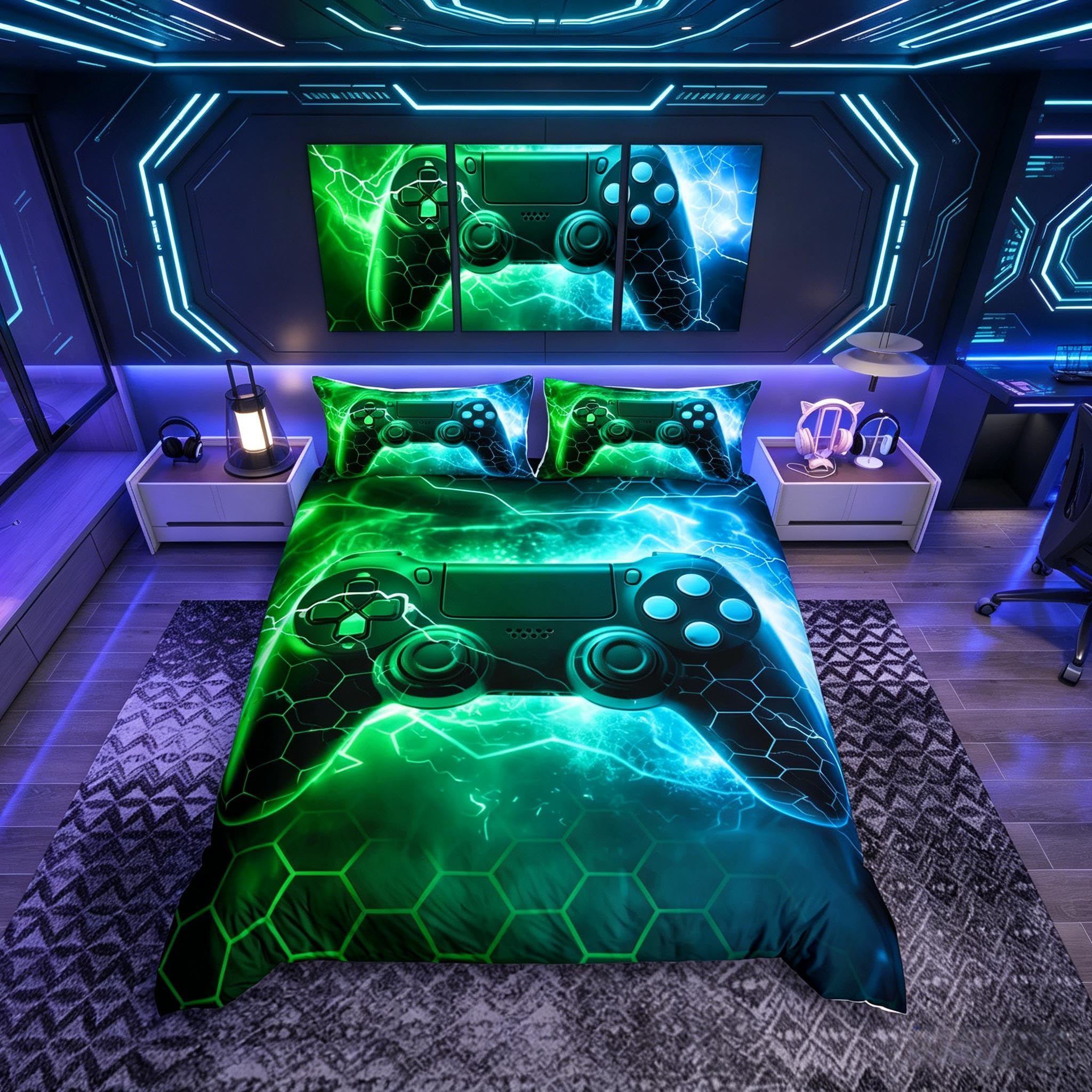 Parure de lit gamer enfant avec housse de couette verte lit double 3 pièces