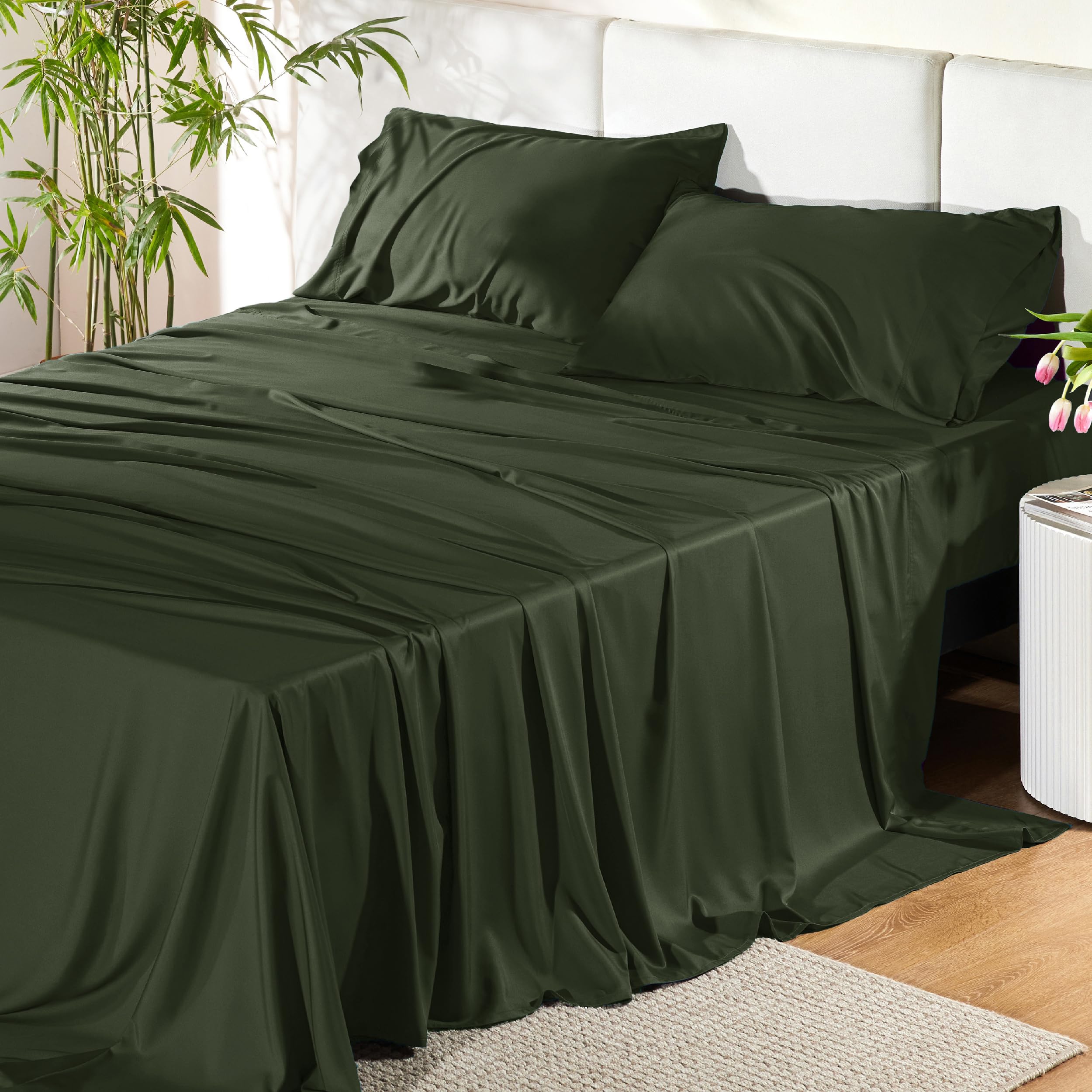 Bedsure Queen Sheet Set, Rayon Derived from Bamboo, Cooling Sheets, Breathable & Soft, Deep Pocket Up to 16 Inches, Hotel Luxury Silky Bedding for Hot Sleepers, Olive Green