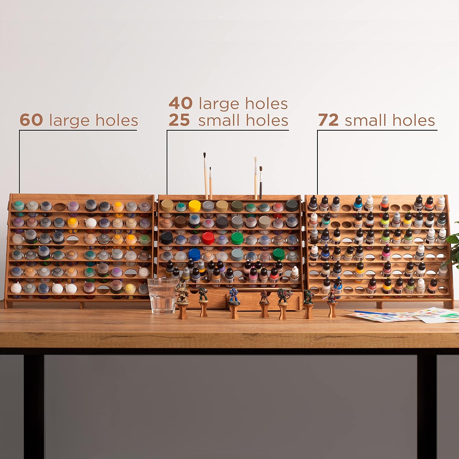 Plydolex Wall Paint Holder - Works for Warhammer 40K, DnD, Other Figurines - 65 Holes for Vallejo, Citadel, Tamiya, 30 Brush Holes, 2 Drawers, a Shelf, a Brush Tray - Plywood Rack for Wall and Desk