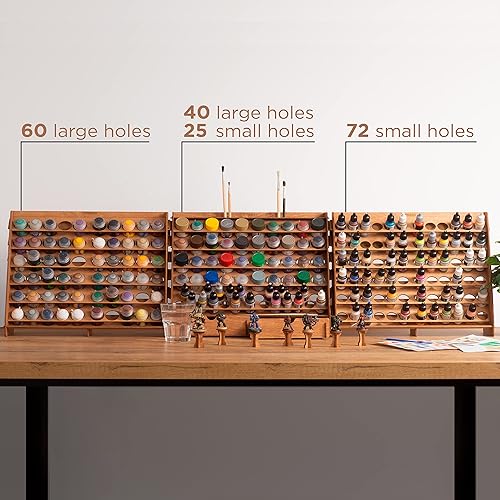 Miniatura 7 de Plydolex Organizador de pintura con 65 agujeros de 2 tamaños para juego de pintura en miniatura, estante de almacenamiento de pintura de madera para