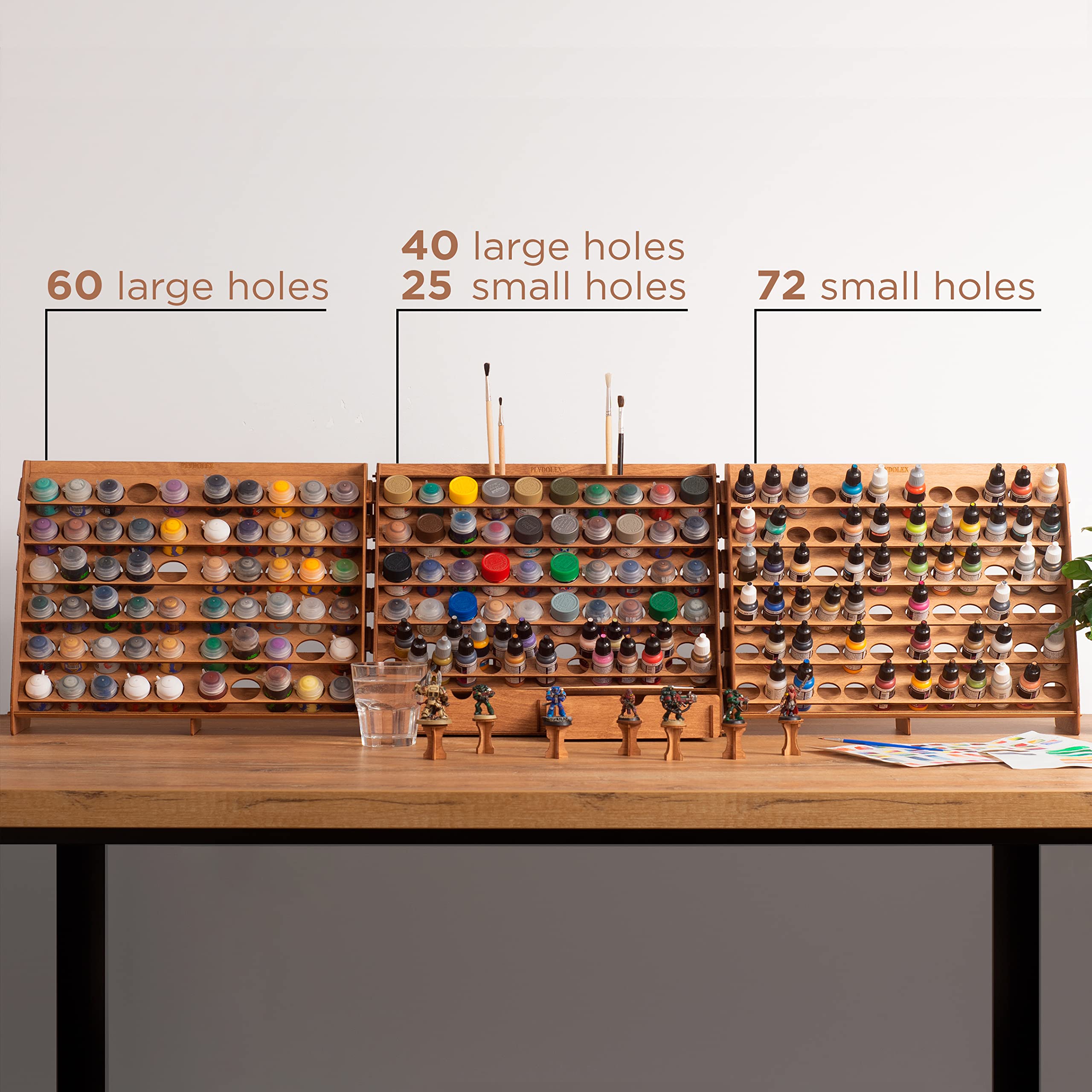 Organizador de pintura con 65 agujeros de 2 tamaños para juego de pintura en miniatura, estante de almacenamiento de pintura de madera montado en la pared, estante de pintura para
