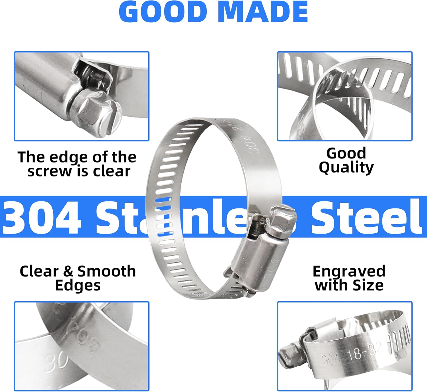 190PCS Worm Gear Hose Clamp Assortment Kit, 1/4"-2"(6-51mm) 304 Stainless Steel Heavy Duty Hose Clamp, Adjustable Worm Gear Hose Clamps Screw Clamps Duct Tube Line Pipe Metal