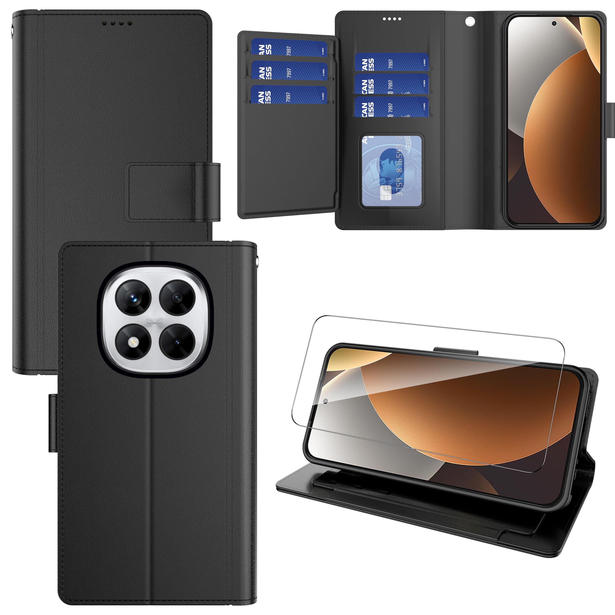 Pollachi Handyhülle für Xiaomi Redmi Note 15 Pro Hülle(9 Karten) mit Schutzfolie,Magnetisch PU Leder Wallet Kartenfach Klapphülle für Xiaomi Redmi Note 15 Pro Cover Flip Case Coqu Lederhüll (Schwarz)