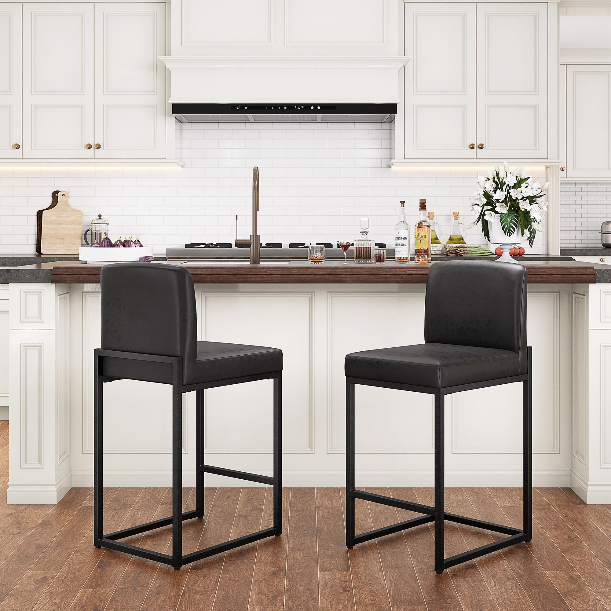 PHI VILLA Black Leather Bar Stools Set of 2, Counter Height Bar Chairs, 24 inch Kitchen Modern Bar Stool with Back