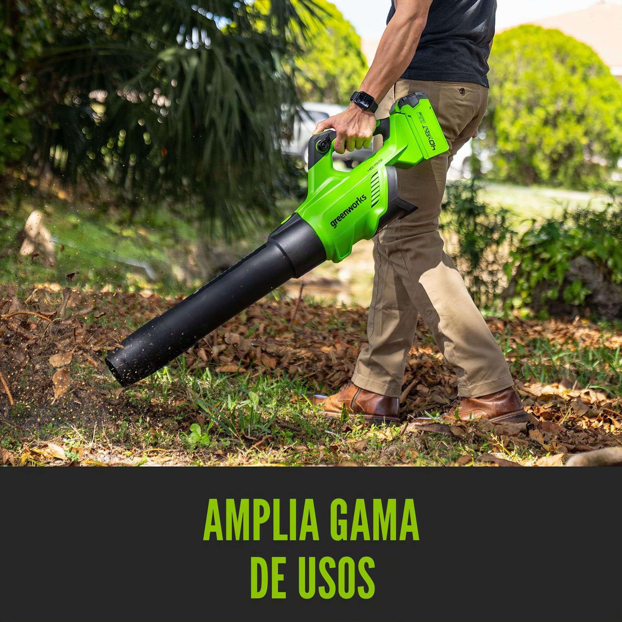 Greenworks 40 V Soplador inalámbrico, Volumen de Aire 14,2 m³/ min, Velocidad del Aire 193,1 km/h, Velocidad Infinitamente Variable (con 2Ah Batería y Cargador) | Volumen de aire: 14,2 m³/min, velocidad del aire: 193,1 km/h, velocidad continua
