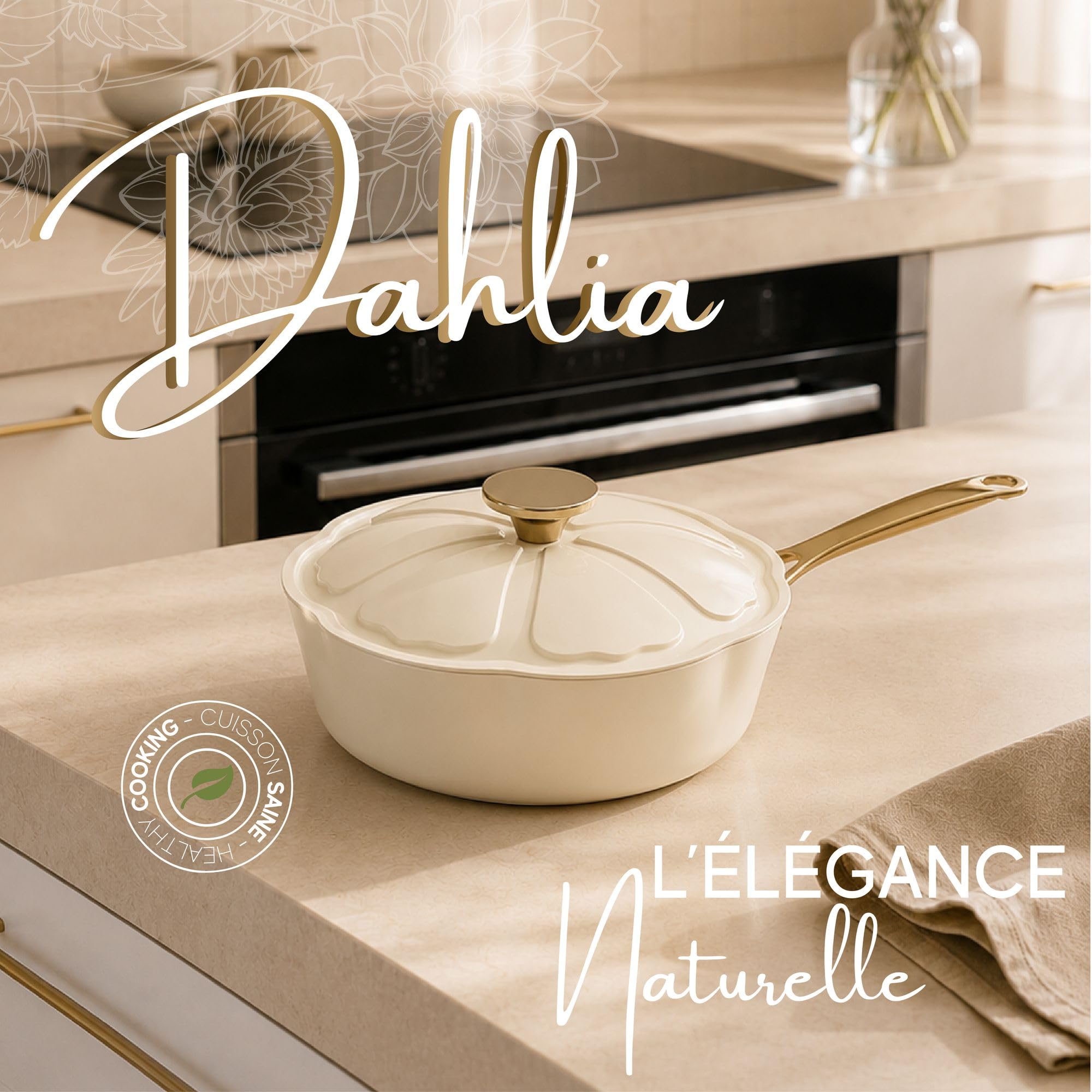 MENASTYL - Sauteuse 24cm Dahlia sans PFAS - Revêtement céramique antiadhésif crème - 98% d'aluminium recyclé - Tous feux dont induction et lave-vaisselle - Poignée rivetée en inox - 6020942
