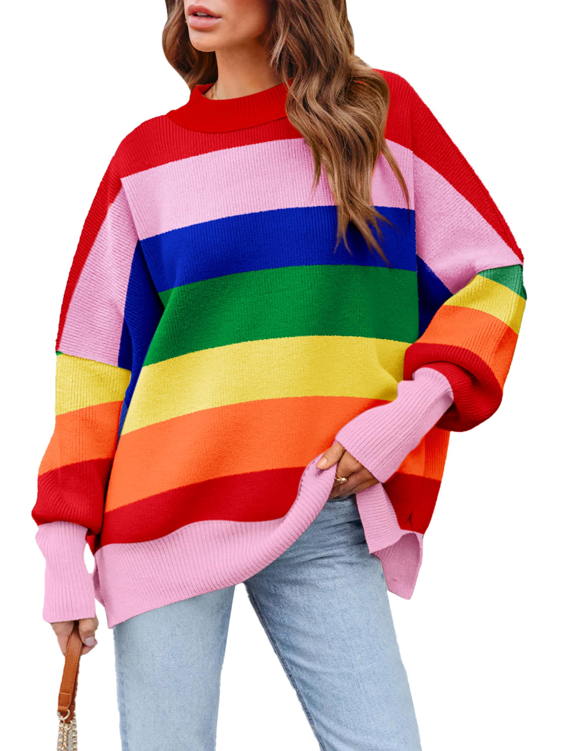 SucolanWomen's Crewneck Oversized Sweaters 2023 Fall Fashion Batwing Long Sleeve Knit Side Slit Pullover Sweater Tops