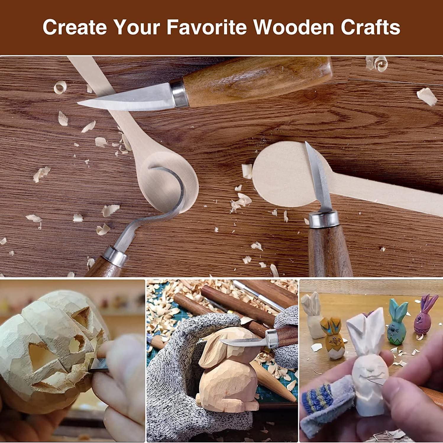 Artnova Wood Carving Kit for Beginners - Set with Knives, Anti-Cut Gloves, Size L, Basswood Blocks, Sharpener, Polishing Compound, Sheath and Guide with Tutorials