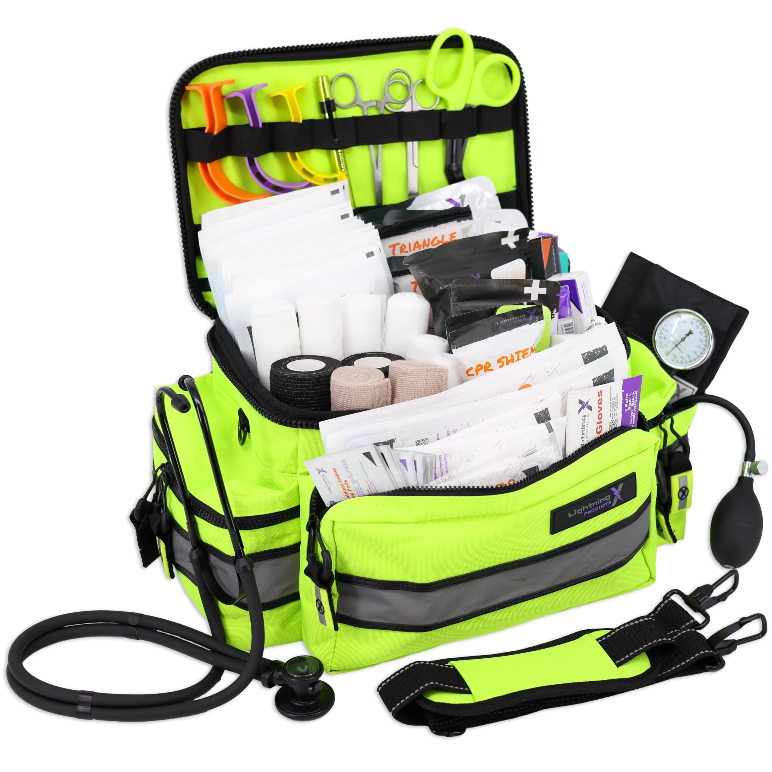 Lightning X Mid-Sized First Responder EMT Bag | LXMB25 | Fully Stocked w/ 240+ First Aid, EMS & Trauma Supplies - Fluorescent Yellow