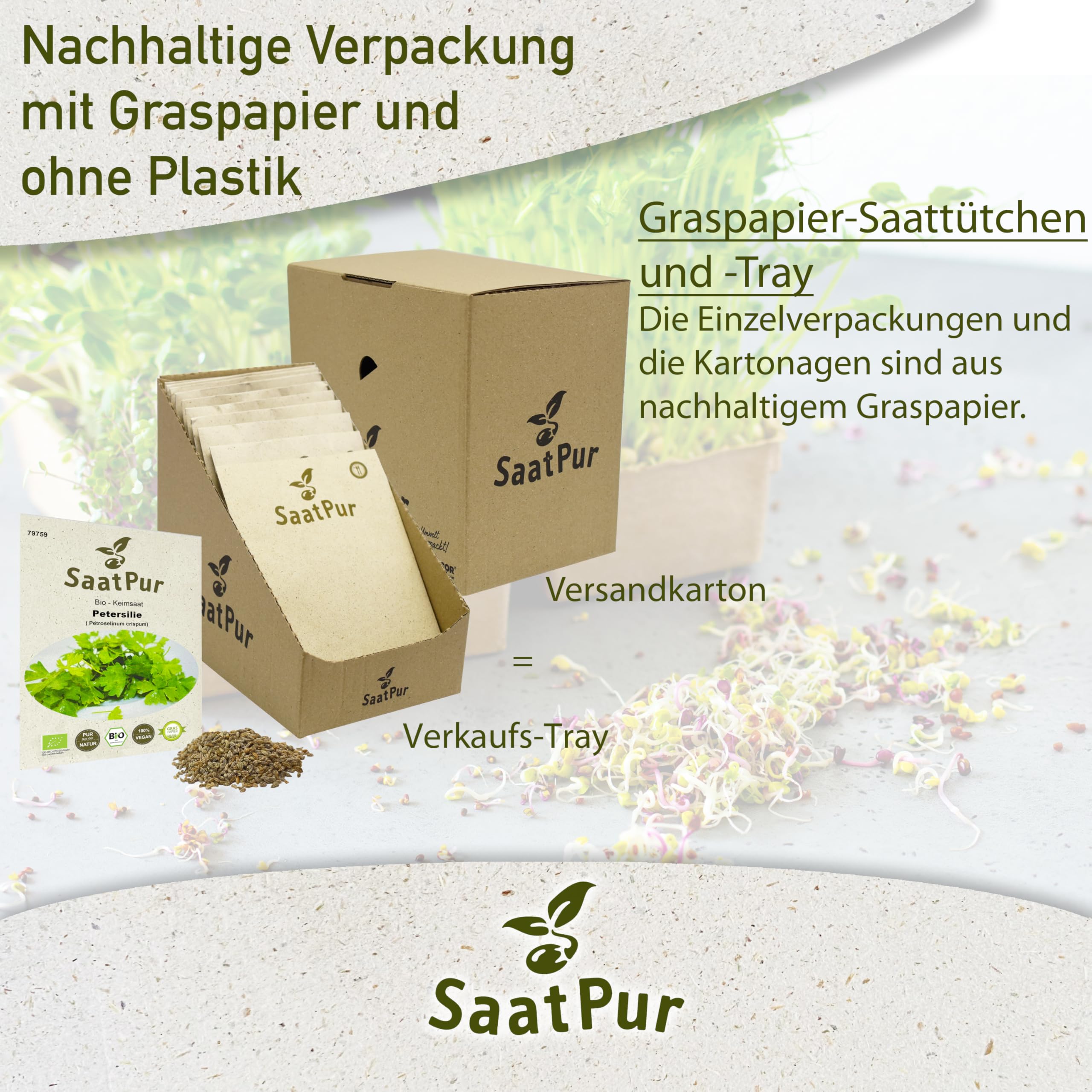Petersilie BIO Keimsaat Keimsprossen von SaatPur - Sprossen Microgreen - Kleines Tray mit 60 Portionstüten je 20g