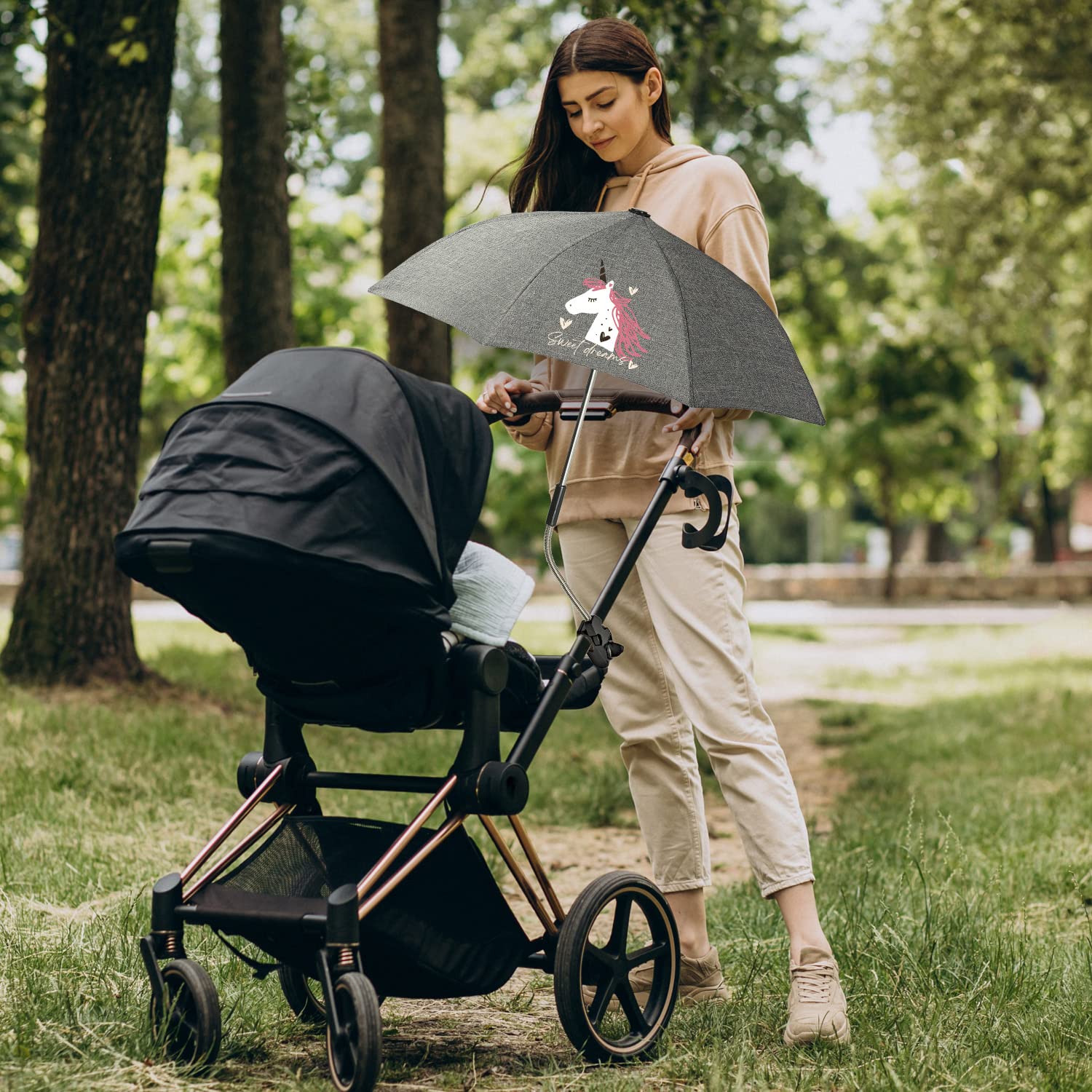 PERLETTI Sombrilla Carro Bebe Universal Anti UV con Osito - Mini Paraguas Cochecito Niño Niña Protección Solar Apertura Manual - Sombrilla Lluvia para Carrito Silla de Paseo - Diámetro 68 cm (Osito)