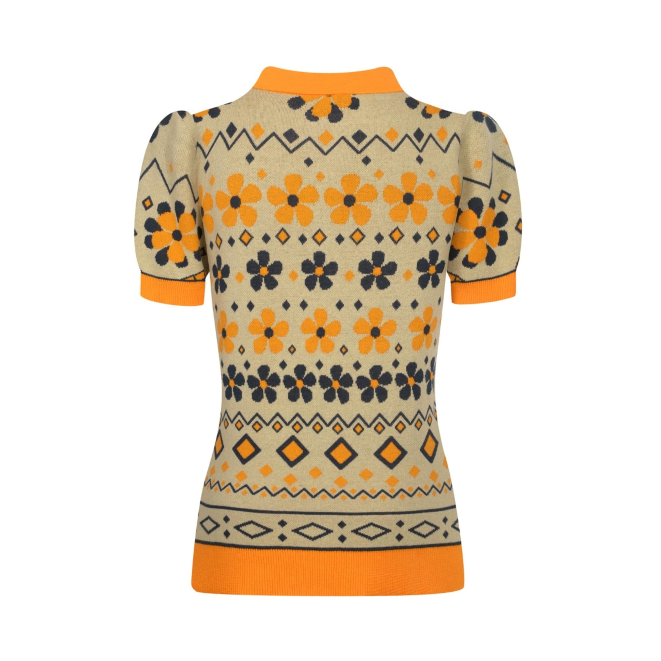 OXKNIT Poloshirt Damen Gelb Vintage Cat Jacquard Baumwolle Strick Polohemd mit V-Ausschnitt für Casual