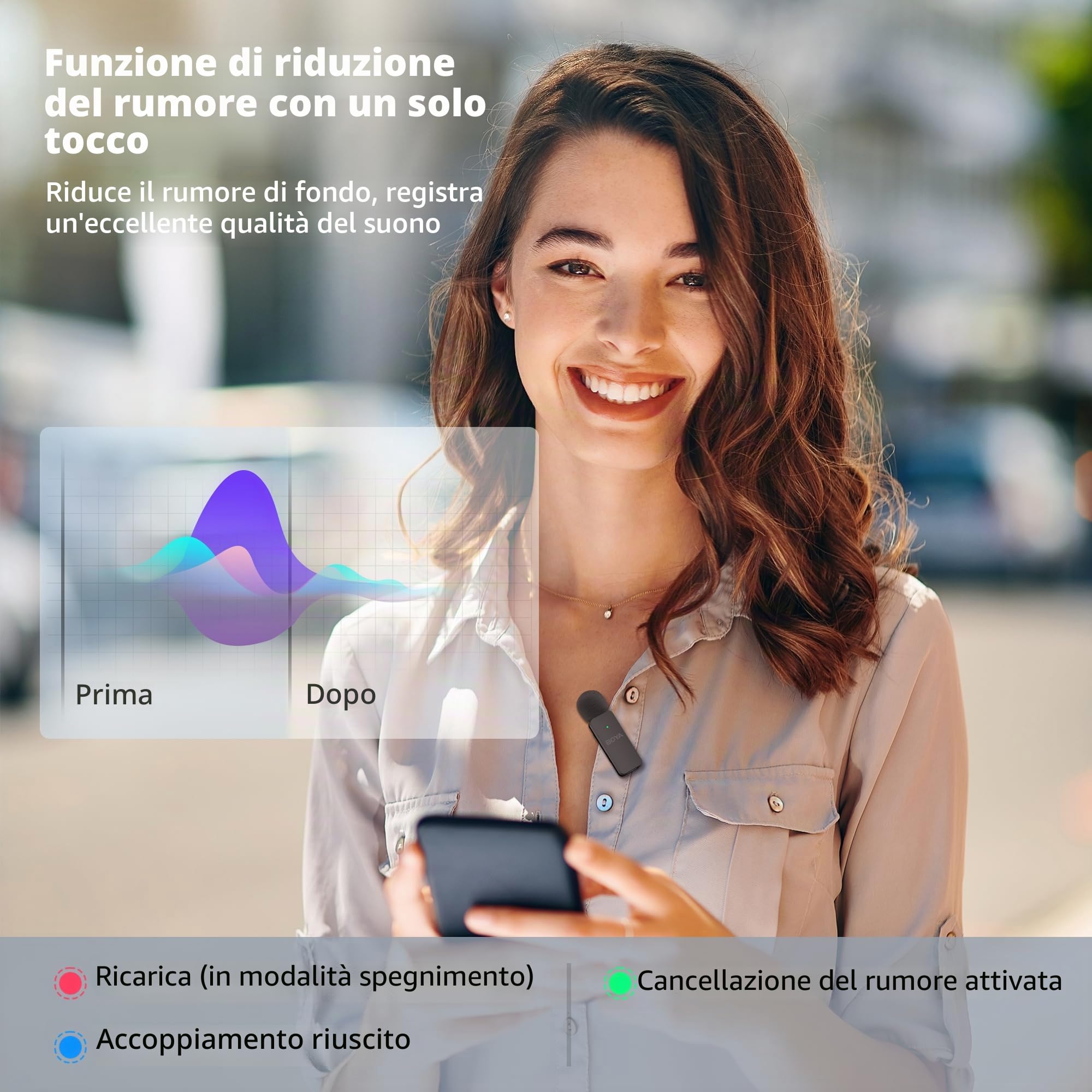 BOYA BY-V4U Microfono wireless per Android, microfono lavalier wireless, portata di 199,9 m, durata della batteria 18 ore con cancellazione del rumore, compatibile per registrazione video, podcast