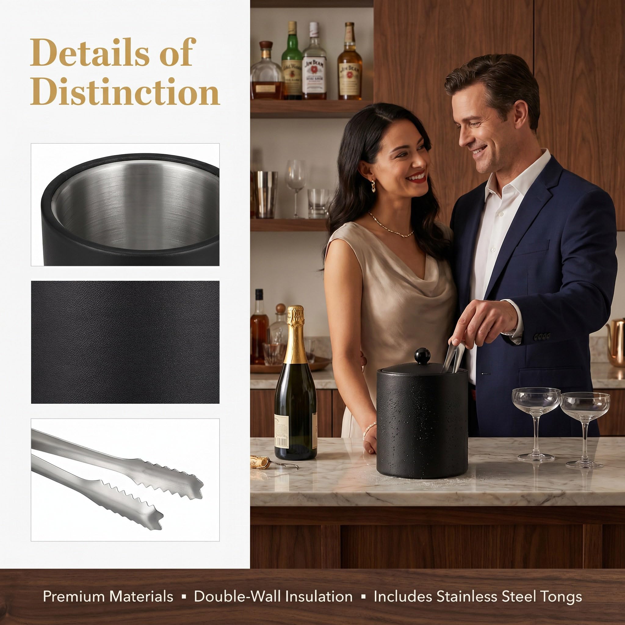 1pieza Cubitera de Acero Inoxidable Reforzado para Hielo y Enfriamiento de Botellas con Pinzas para Vino Cerveza y Cocktails Negro