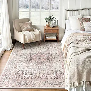 Lofus 3x5 Area Rugs for Living Room, Washable Area Rug, Rugs for Bedroom, Kitchen, Vintage Boho Carpet, Soft Non-Slip, Low Pile Large Area Rug for Office Dining Room, Pink