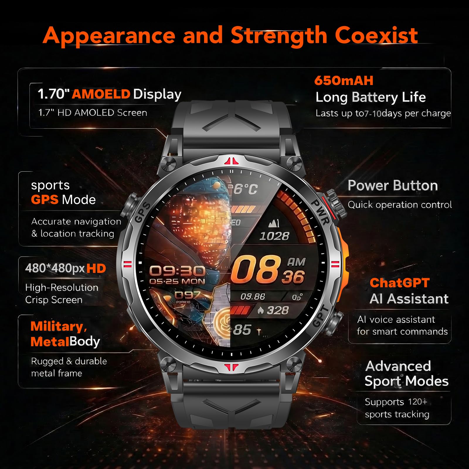 Orologio Smartwatch Uomo con GPS Sport: 1.7" AMOLED Orologi Intelligenti con GPT Effettua Risposta Chiamate 107 Modalità Sportive 3 ATM Pressione Sanguigna Frequenza Cardiaca Compatibile Android e iOS