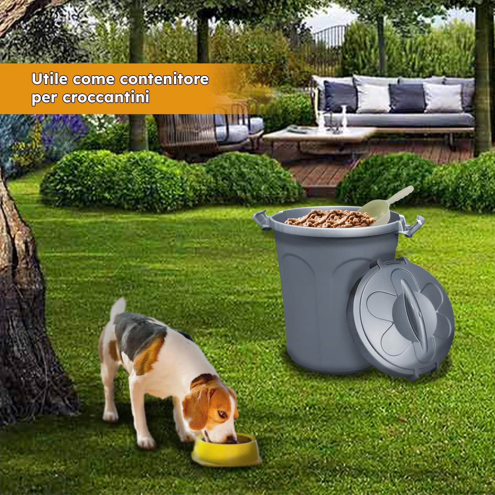 Sicignano | Set 2 Bidoni con Coperchio Tom 46 Litri Tortora con Maniglie e Chiusura con Clip, Ideale per Cibo per Cani Gatti, Adatto a Raccolta Rifiuti - 44.5x40x61h cm, Contenitore Grande Leggero