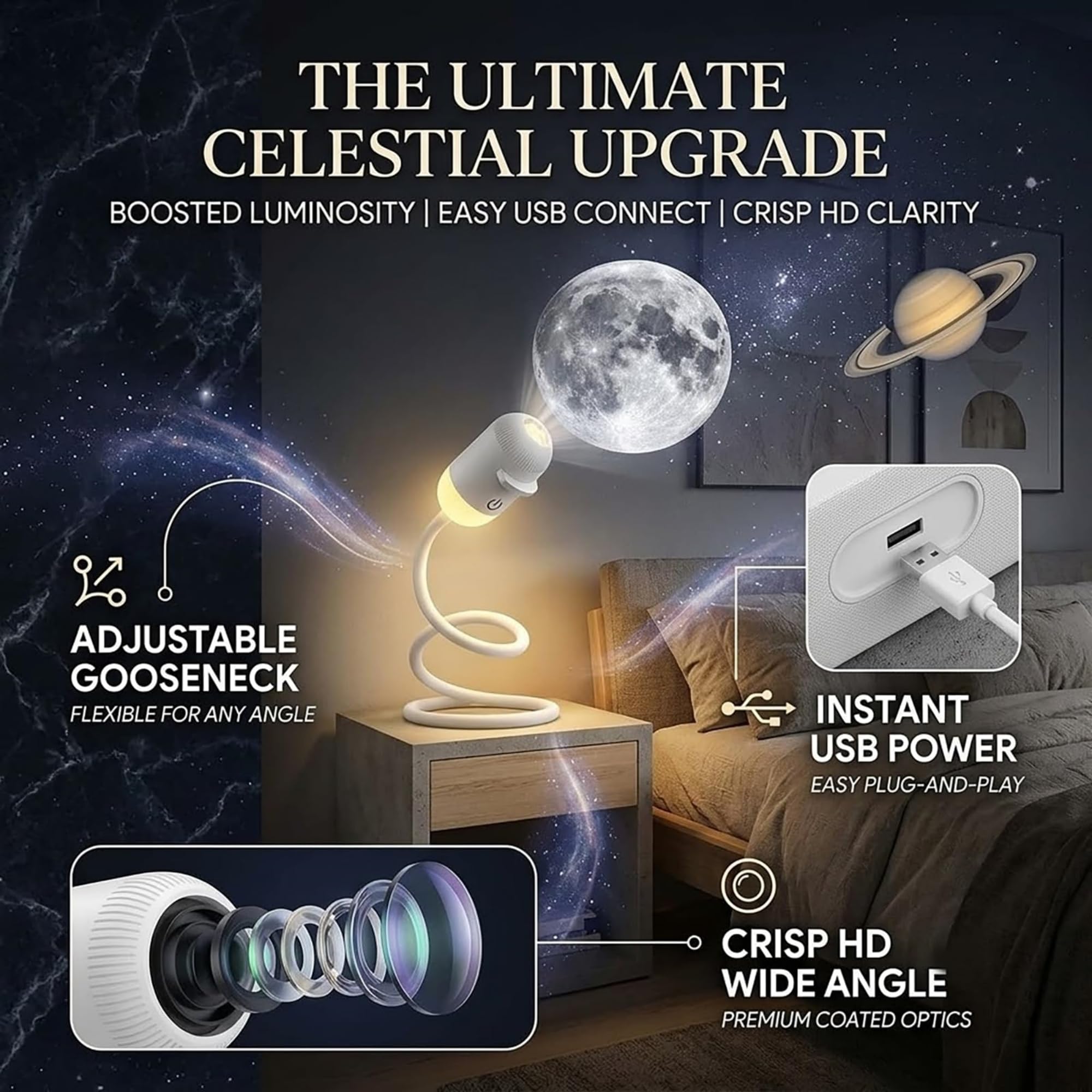 Proyector de Luz Nocturna Holográfico 5D Inteligente HD Dinámico, Proyector Cielo Estrellado HD Plug&Play, Brillo Ajustable 360°, Ideal Dormitorios, Meditación, Cine En Casa (24 Films)