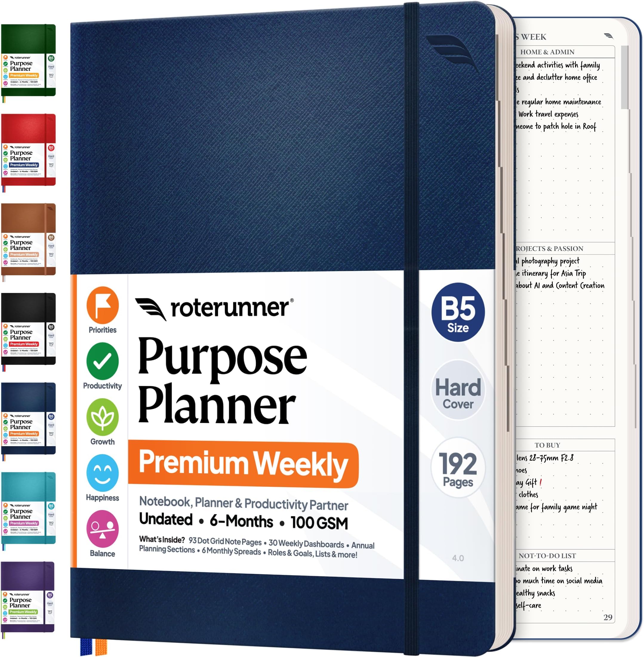 Purpose Planner Undated Monthly Weekly Daily Productivity Journal 2023 Optimized Life, Goal Setting & Business Tool for Professionals, Moms, Academic Student - Leather Day Organizer Notebook (Blue