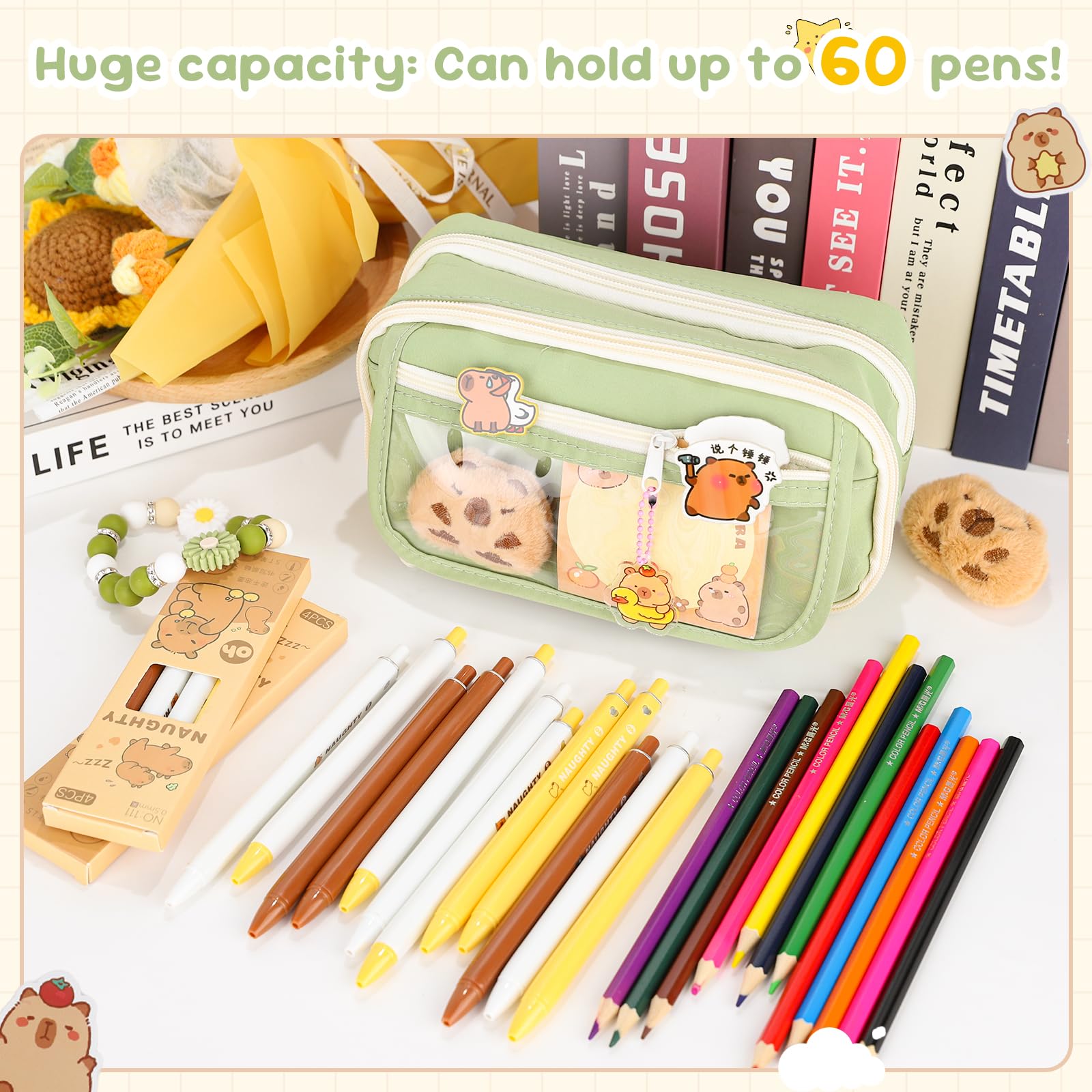 FYSL Federmäppchen mit Capybara Motiv, Großes Schlampermäppchen mit 9-Fach Organizer, Stiften, Stickern, Anhänger für Schule, College, Reisen, Capybara Geschenkset (Grün 9 Fach)