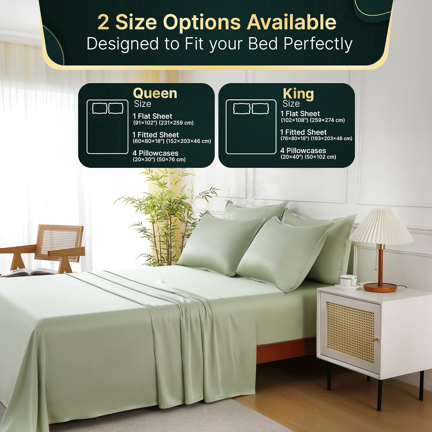 100% Viscose Derived from Bamboo Sheets Queen Size | 6 Pcs Set | Soft, Breathable and Cooling for Hot Sleepers | Double Stitching | 18” Deep Pocket | 4 Pillowcases | OEKO-TEX Certified [Sage Green] - Image 7