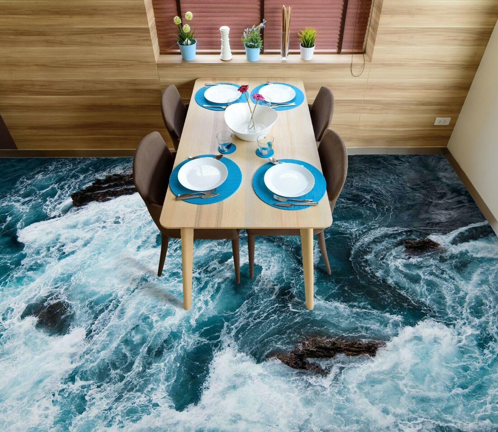 Papier peint étanche vagues océaniques 3D pour sol de salle de bain 300x210cm