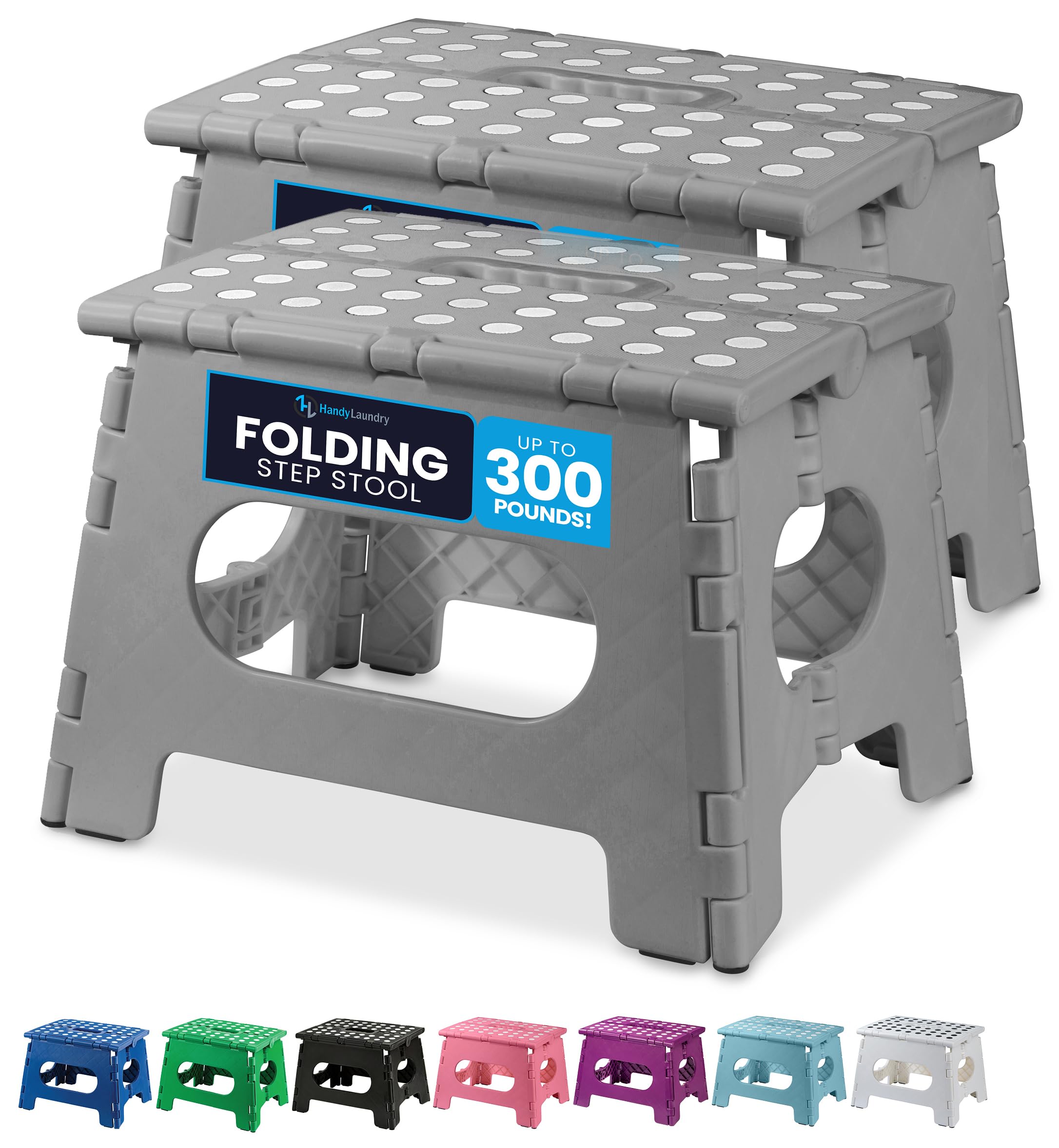 Handy Laundry Folding Lightweight Step Stool - Sturdy Enough to Support Adults and Safe Enough for Kids - Opens Easy with One Flip - Great for Kitchen, Bathroom or Bedroom (Grey | 2-Pack)