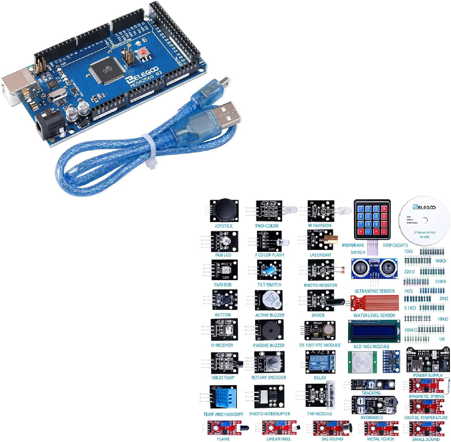 MEGA R3 Board ATmega 2560 & ELEGOO Upgraded 37 in 1 Sensor Modules Kit